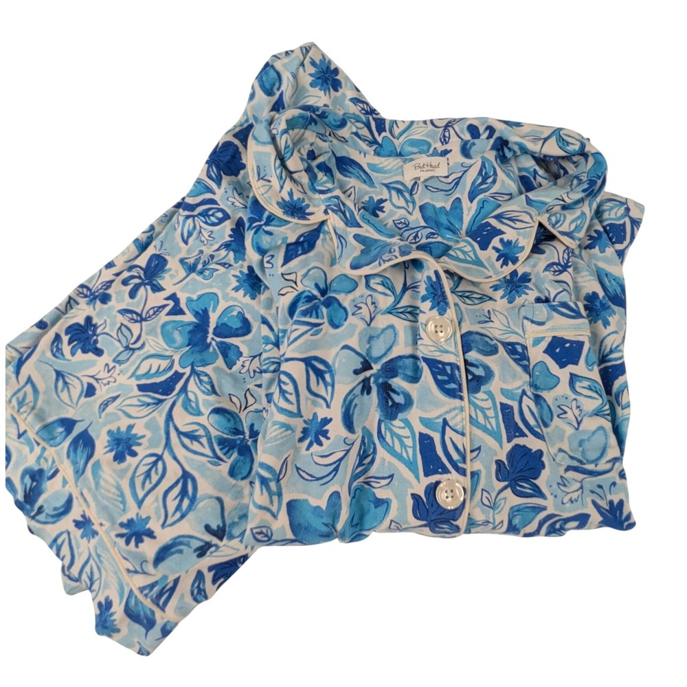 BedHead Womens Blue Floral Pajama Set Button Top Cropped Pants Coastal Chic